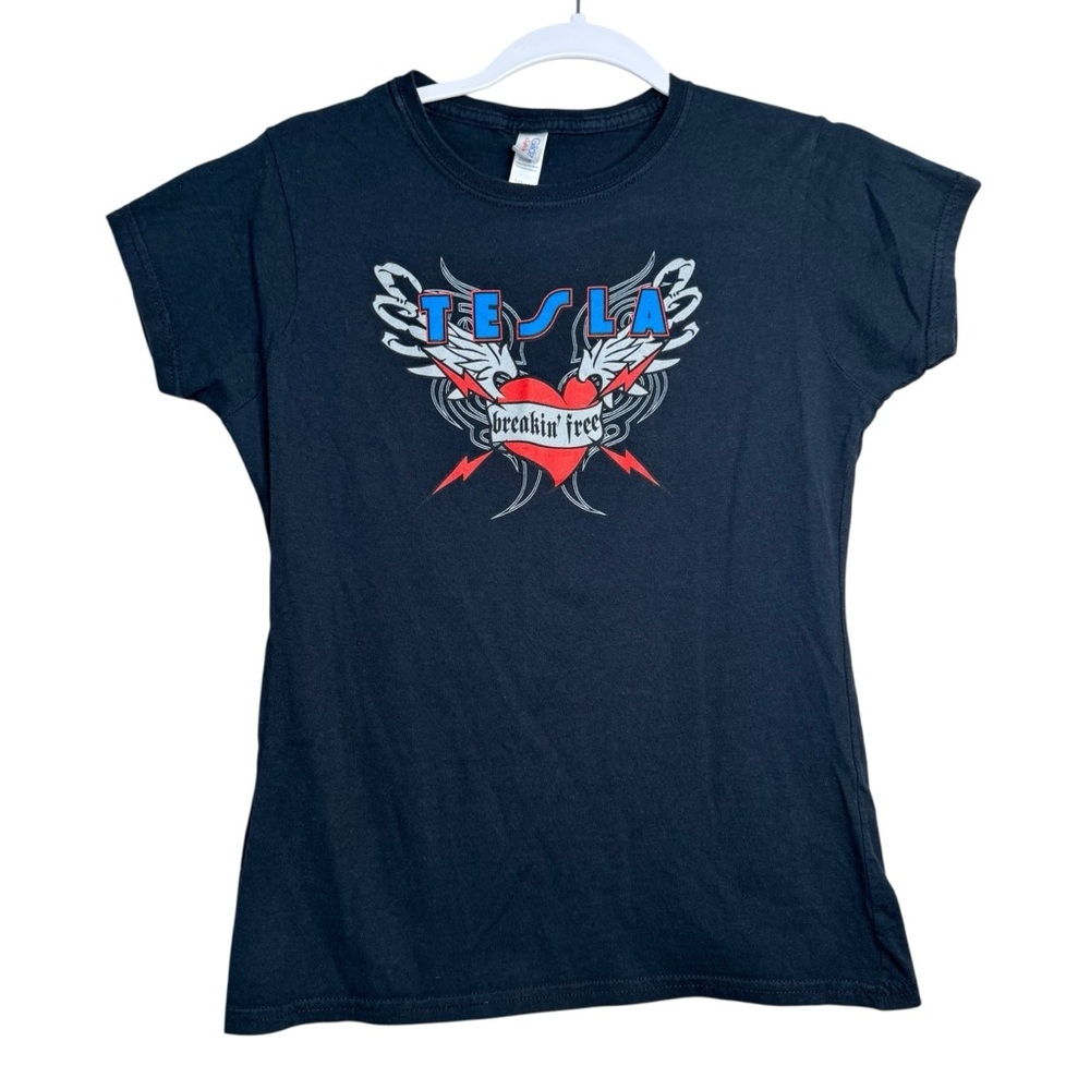 Vintage Tesla Breakin’ Free Baby T Shirt Size L Black Tour Tee Band H6